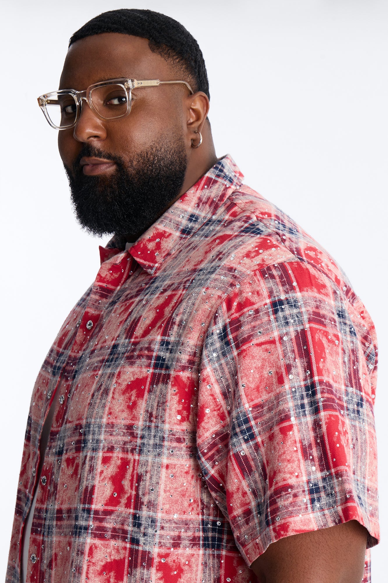 Rhinestone Rain Short Sleeve Plaid Flannel - Red