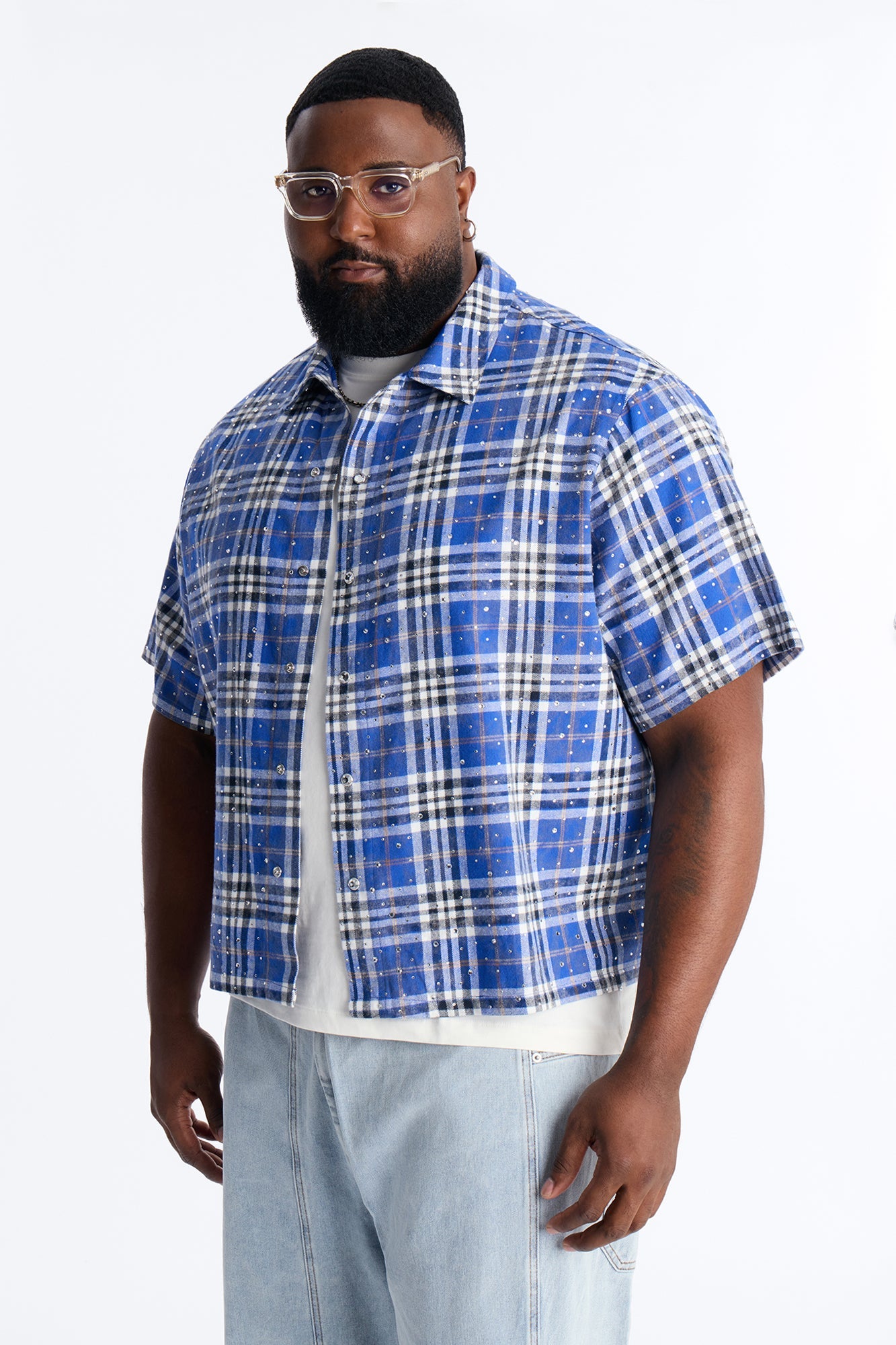 Rhinestone Rain Short Sleeve Plaid Flannel - Royal