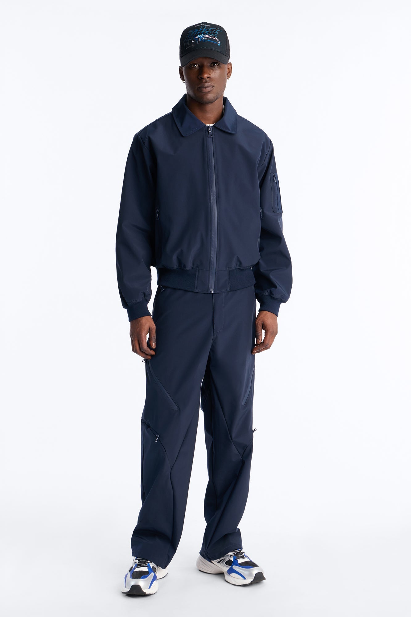 Cropped Relaxed Liberty Zip Bomber Jacket - Navy