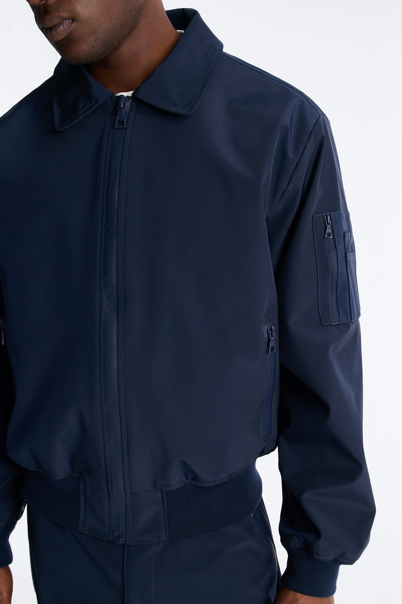 Cropped Relaxed Liberty Zip Bomber Jacket - Navy