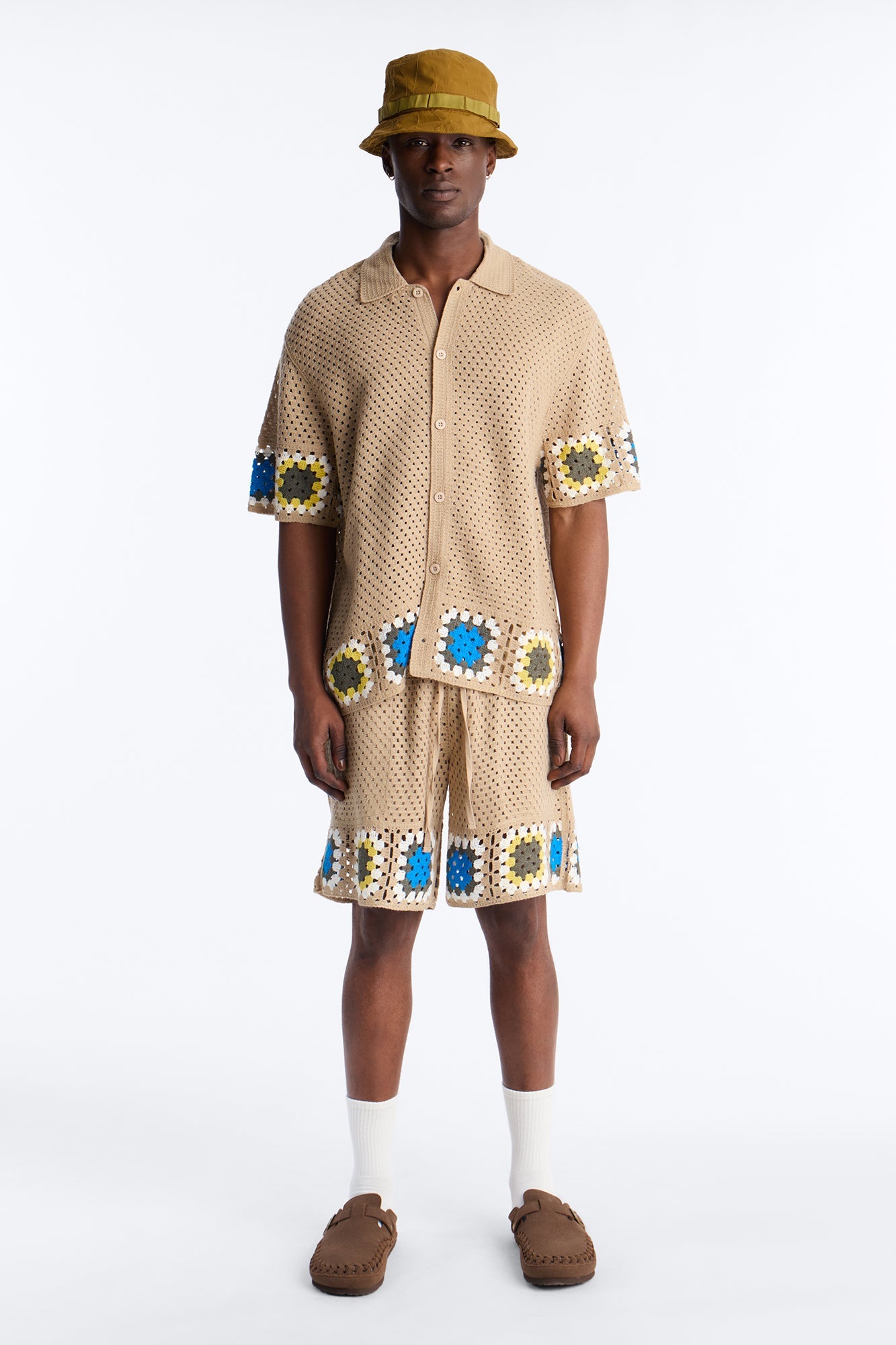 Relaxed Daisy Daze Crochet Button Up Shirt - Tan