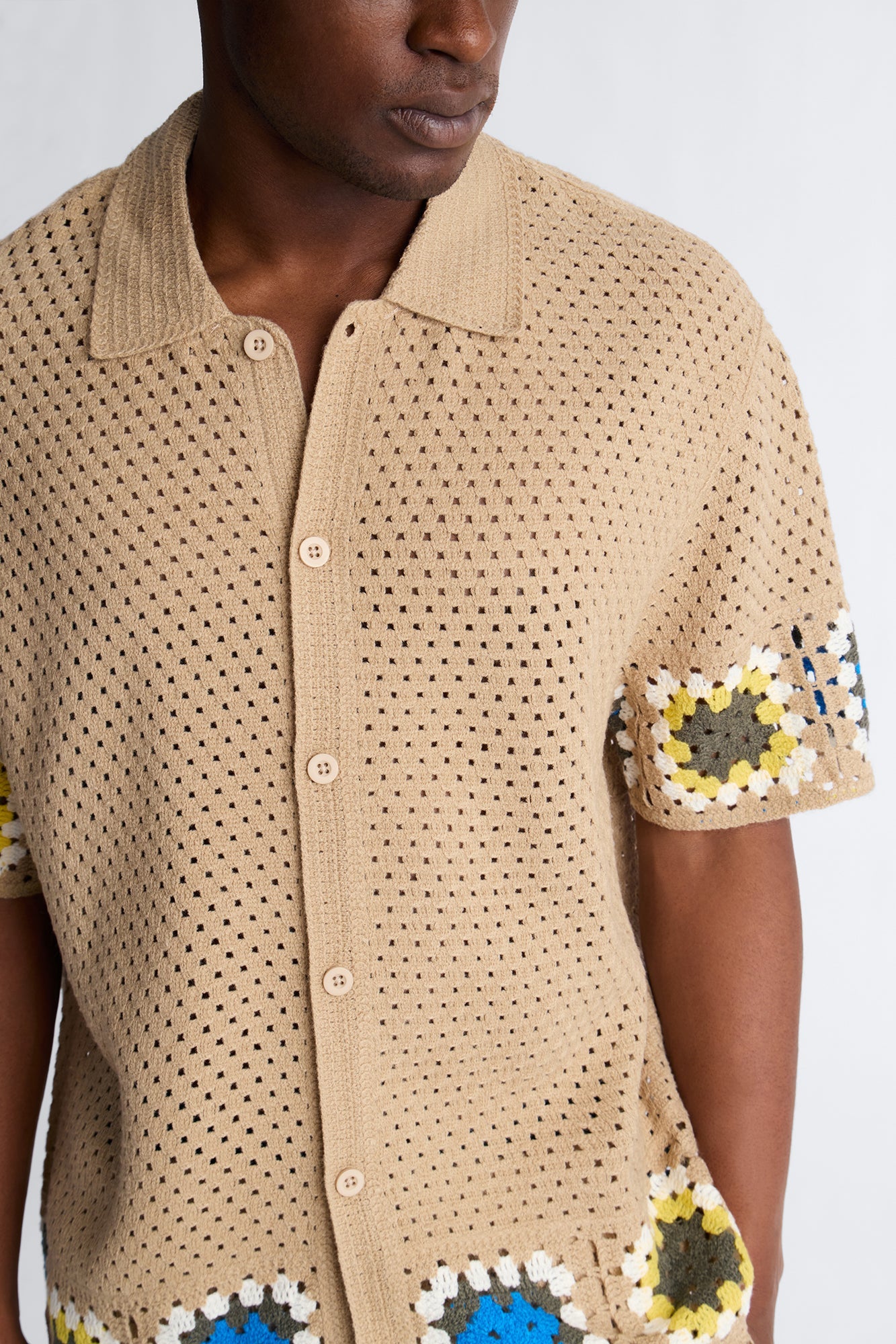 Relaxed Daisy Daze Crochet Button Up Shirt - Tan