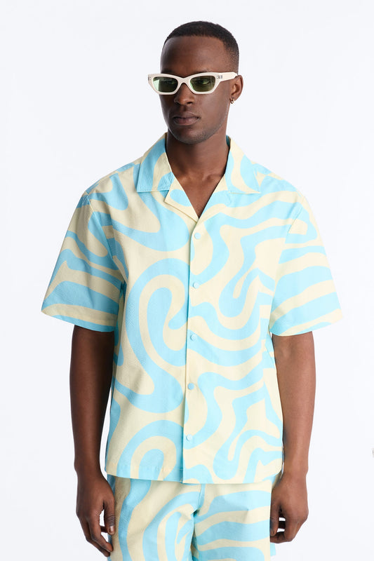Relaxed Groovy Abstract Printed Seersucker Cuban Collar Button Up Shirt - Blue