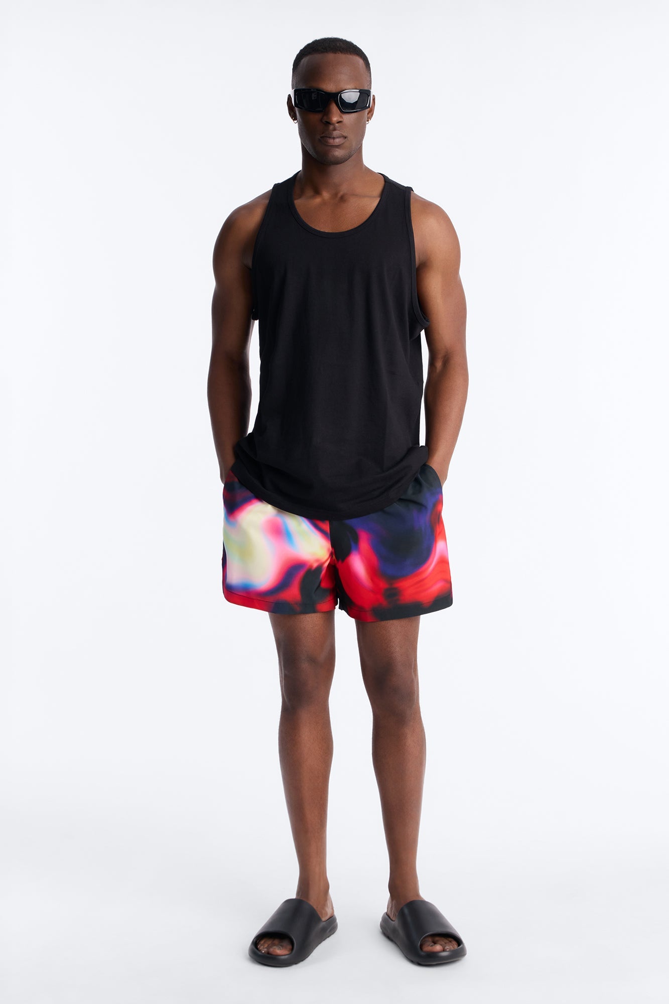 Relaxed Futuristic Abstract Acid Blur Swim Trunk 4″ - Black