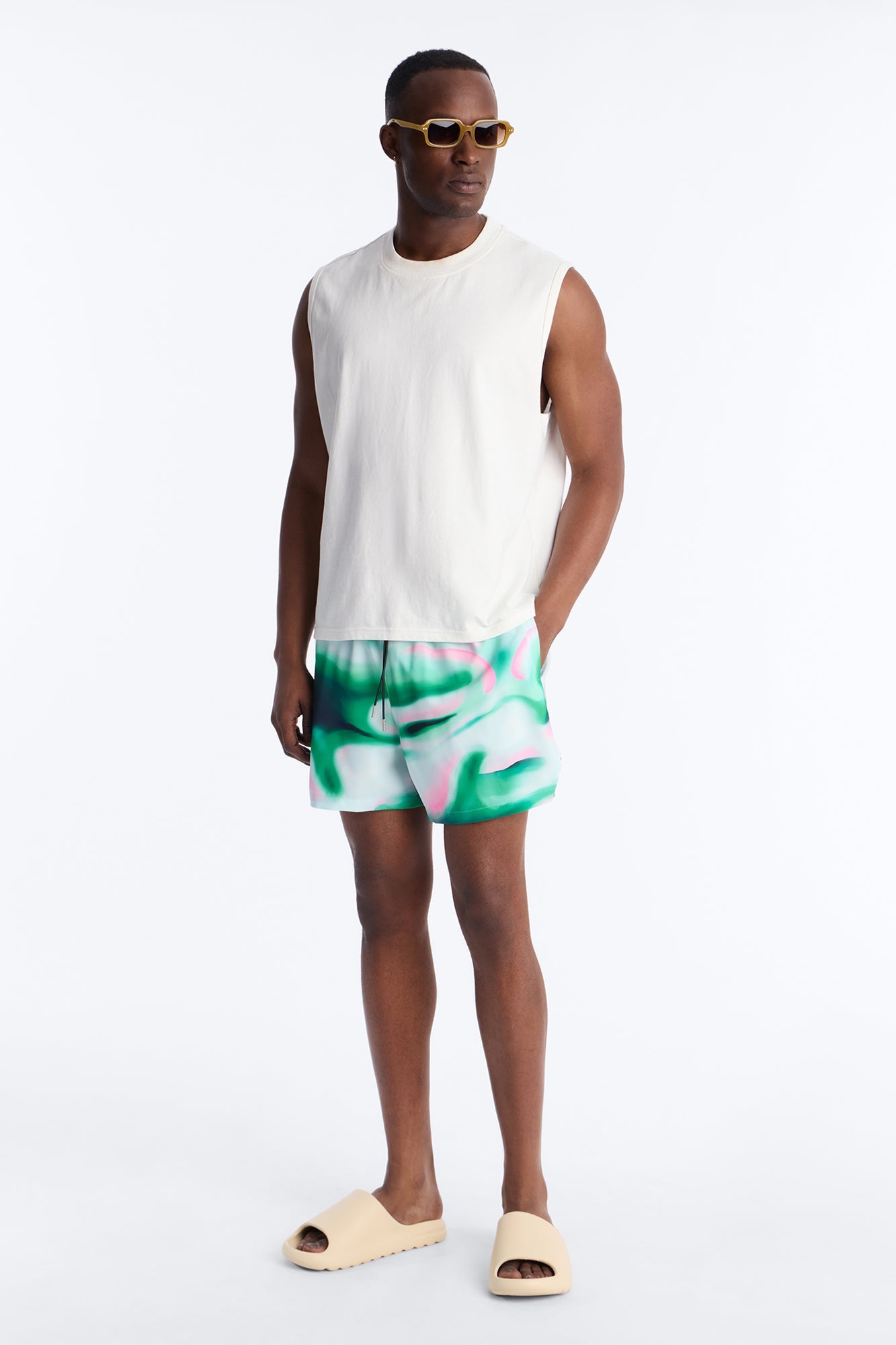 Relaxed Futuristic Abstract Acid Blur Swim Trunk 4″ - Green