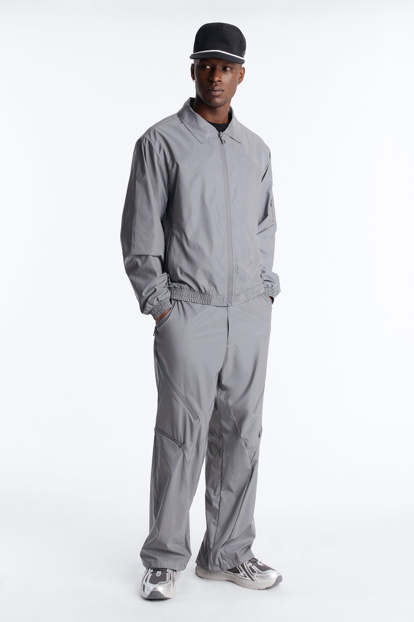 Cropped Relaxed Reflective Zip Bomber Jacket - Silver