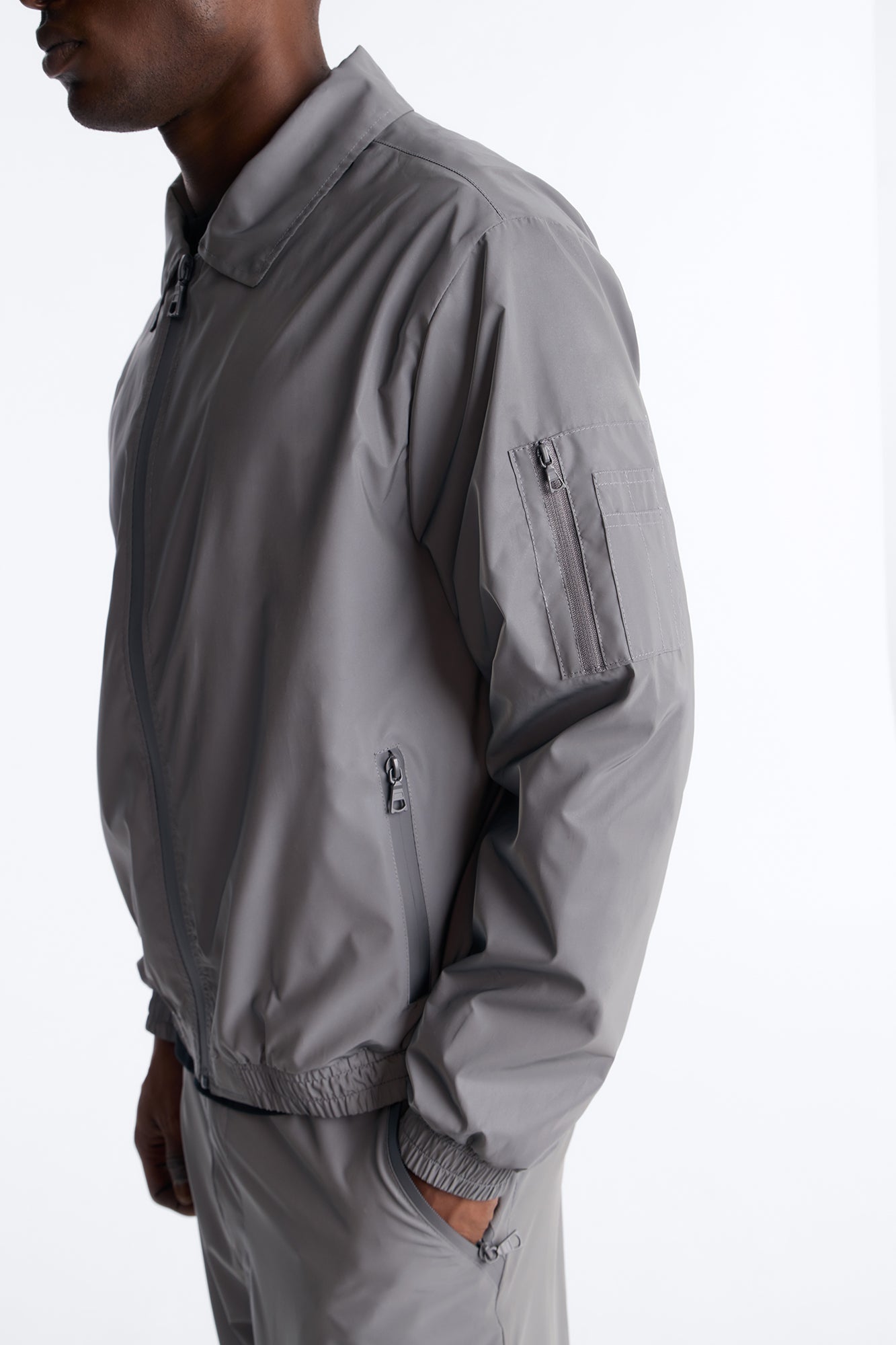 Cropped Relaxed Reflective Zip Bomber Jacket - Silver