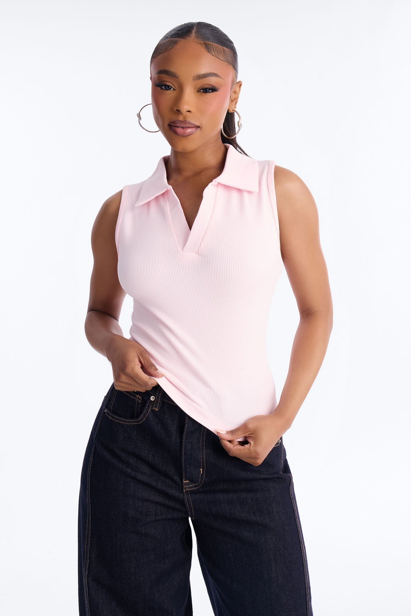 Lyra Seamless Rib Basic Sleeveless Collared Top - Pink NEWFASHIONEDGE