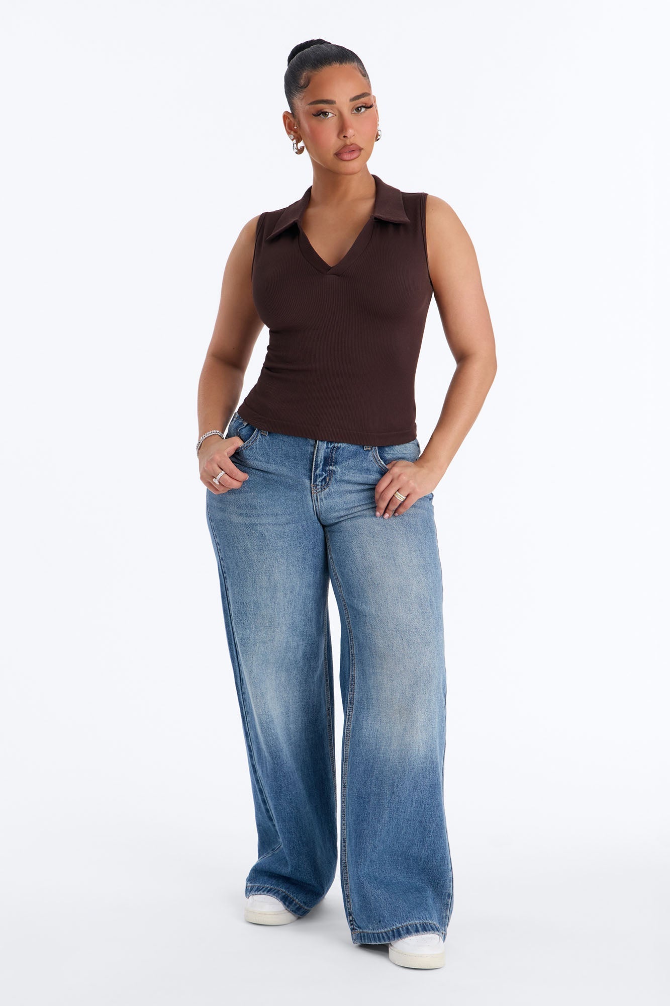 Lyra Seamless Rib Basic Sleeveless Collared Top - Brown NEWFASHIONEDGE