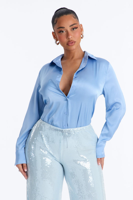 Feelin' Popular Satin Shirt - Periwinkle
