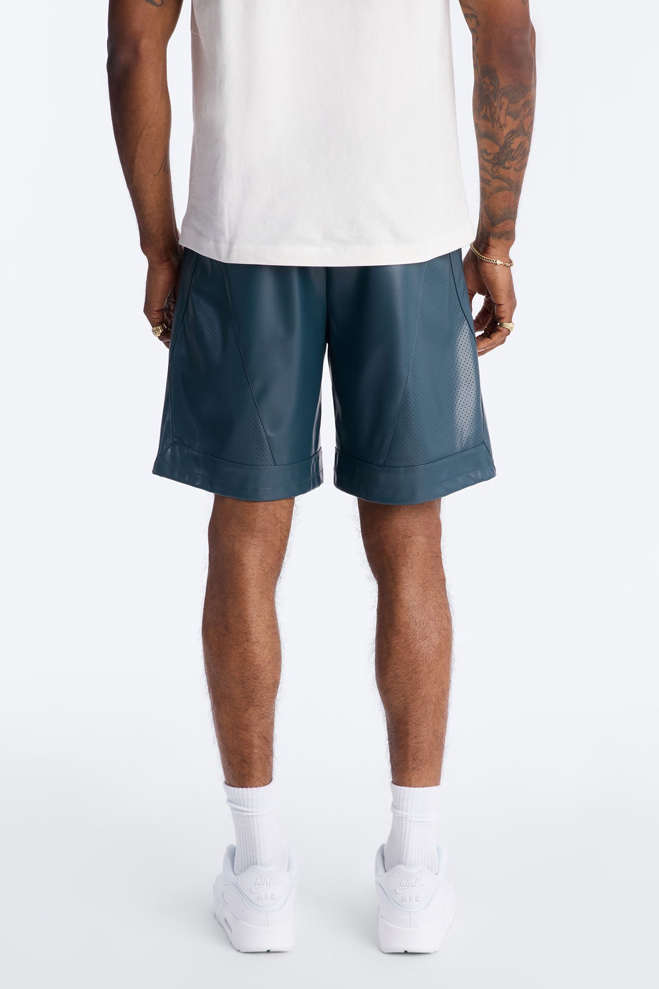 Relaxed Perforated Faux Leather Short - Navy