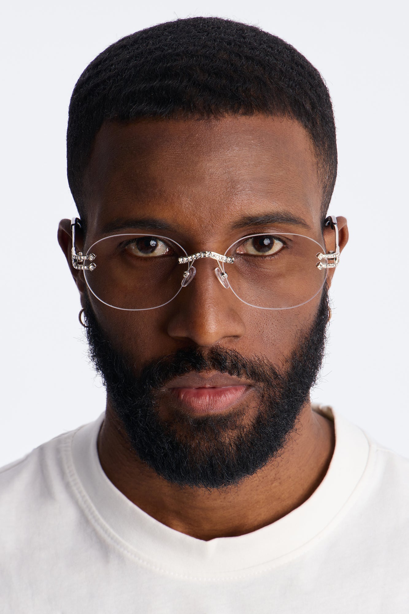 Embellished Round Frameless Metal Sunglasses - Silver