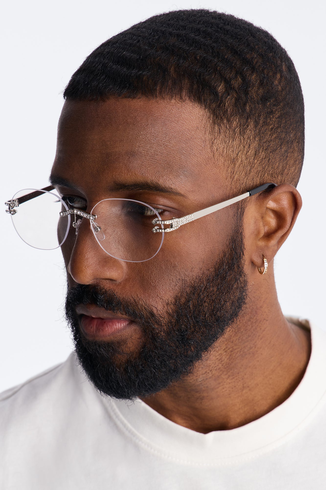 Embellished Round Frameless Metal Sunglasses - Silver