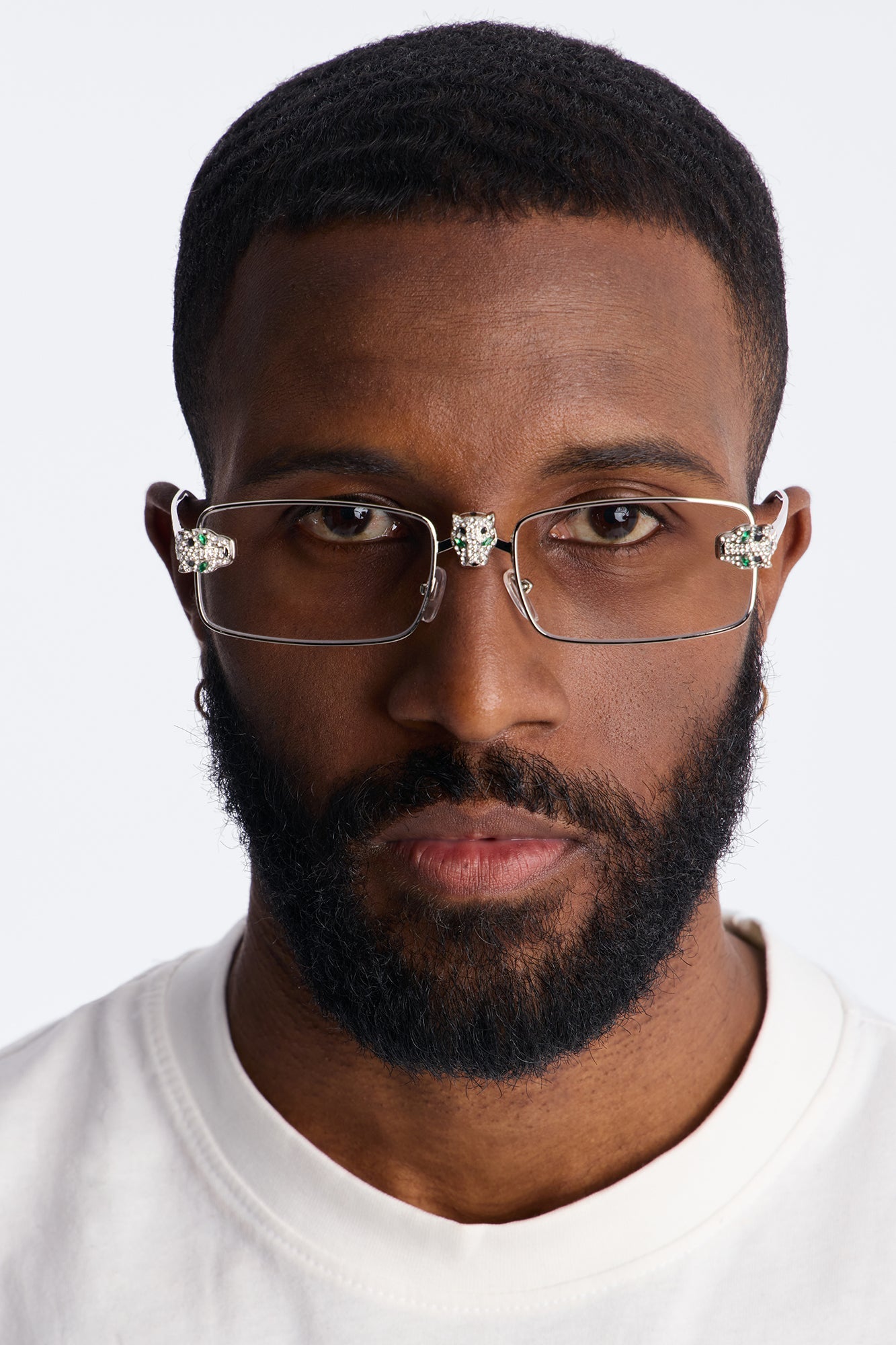Iced Panther Rectangle Metal Sunglasses - Silver