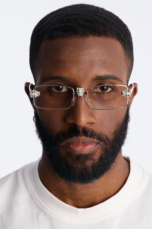 Iced Panther Rectangle Metal Sunglasses - Silver