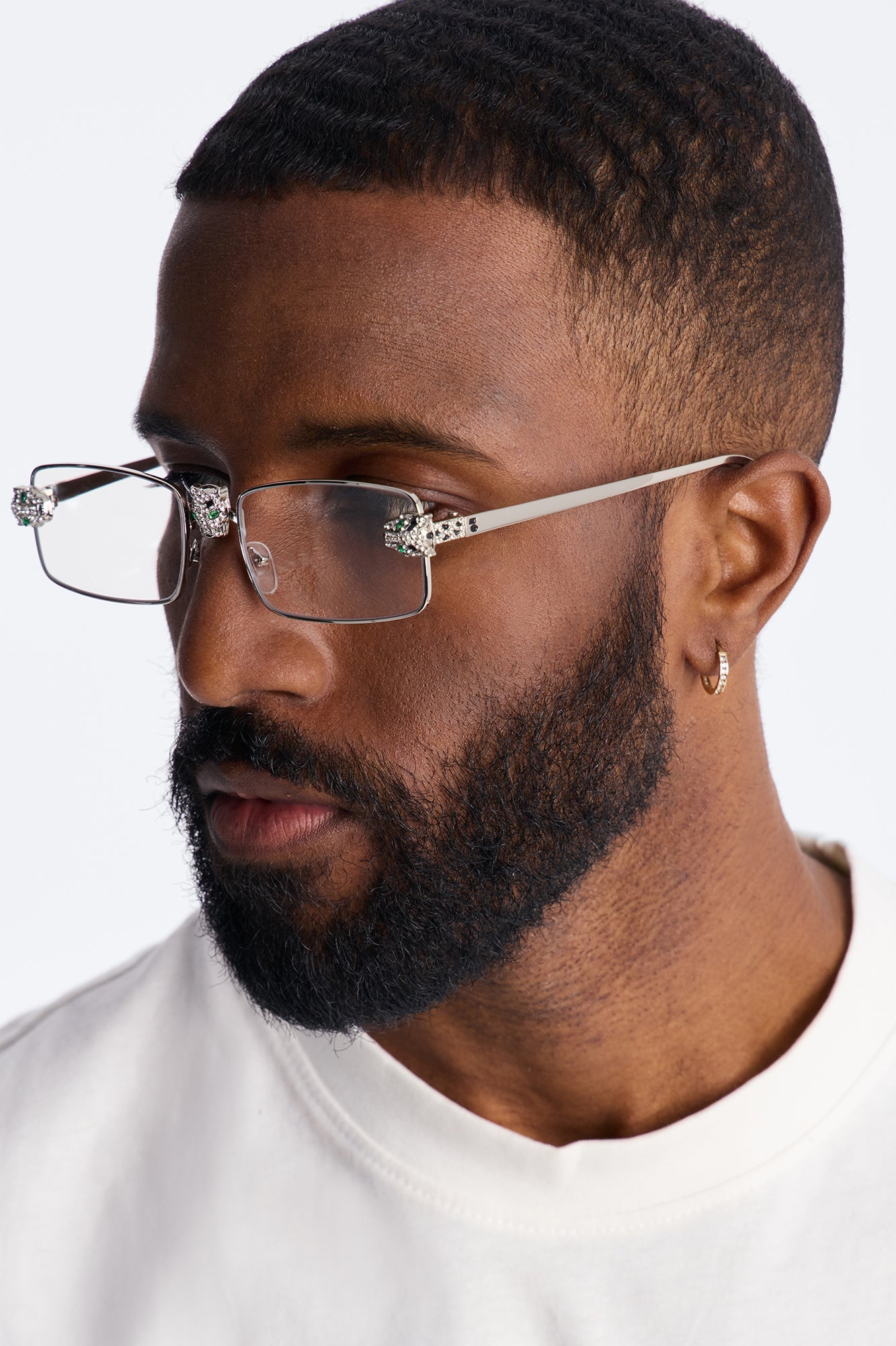 Iced Panther Rectangle Metal Sunglasses - Silver
