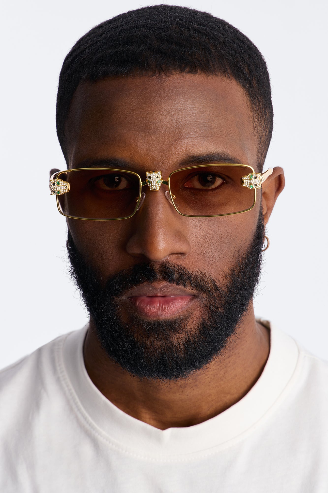 Iced Panther Rectangle Metal Sunglasses - Gold/Brown