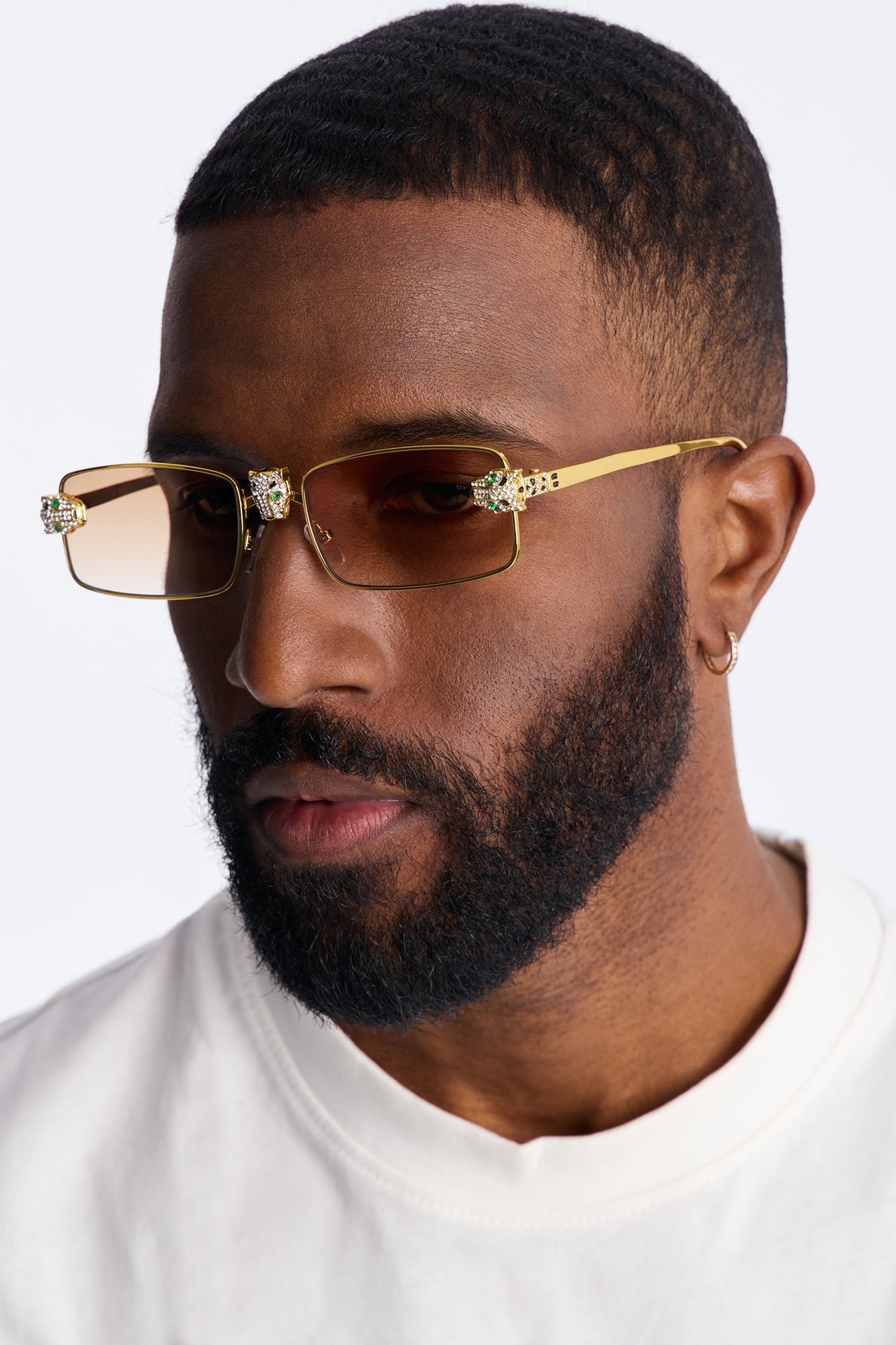 Iced Panther Rectangle Metal Sunglasses - Gold/Brown