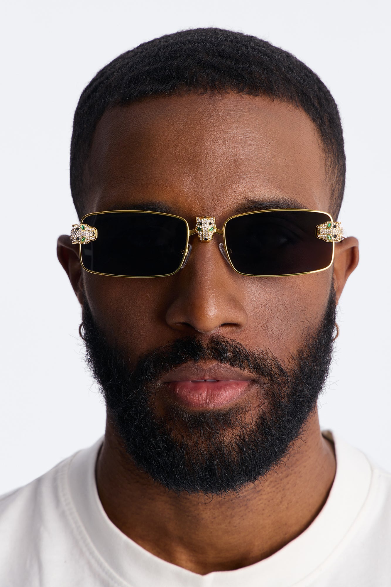 Iced Panther Rectangle Metal Sunglasses - Gold/Black