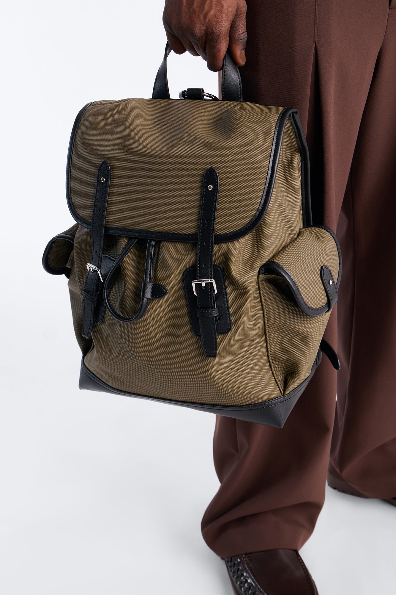 Canvas Dual Buckle Drawstring Backpack - Olive