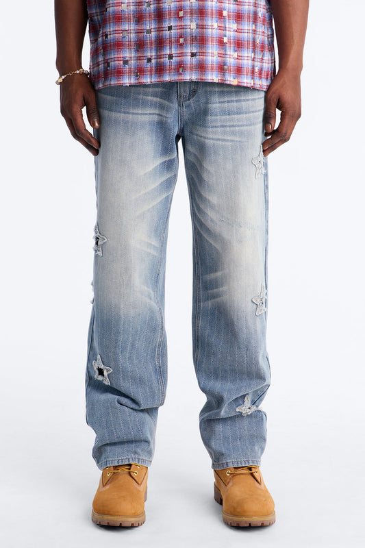 Relaxed Straight Fragmented Star Gaze Jean - Vintage Blue Wash