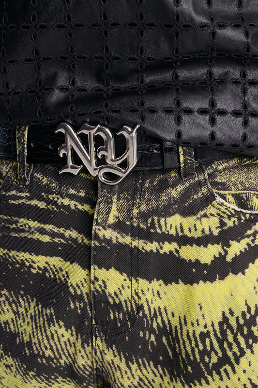 NY Initial Buckle Crocodile Embossed Faux Leather Belt - Black/combo