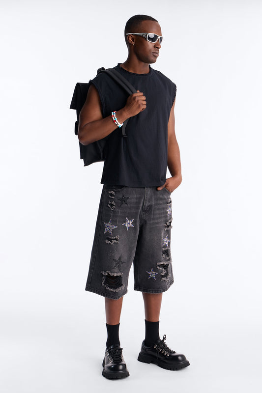Cosmic Jeweled Baggy Denim Short - Black Wash