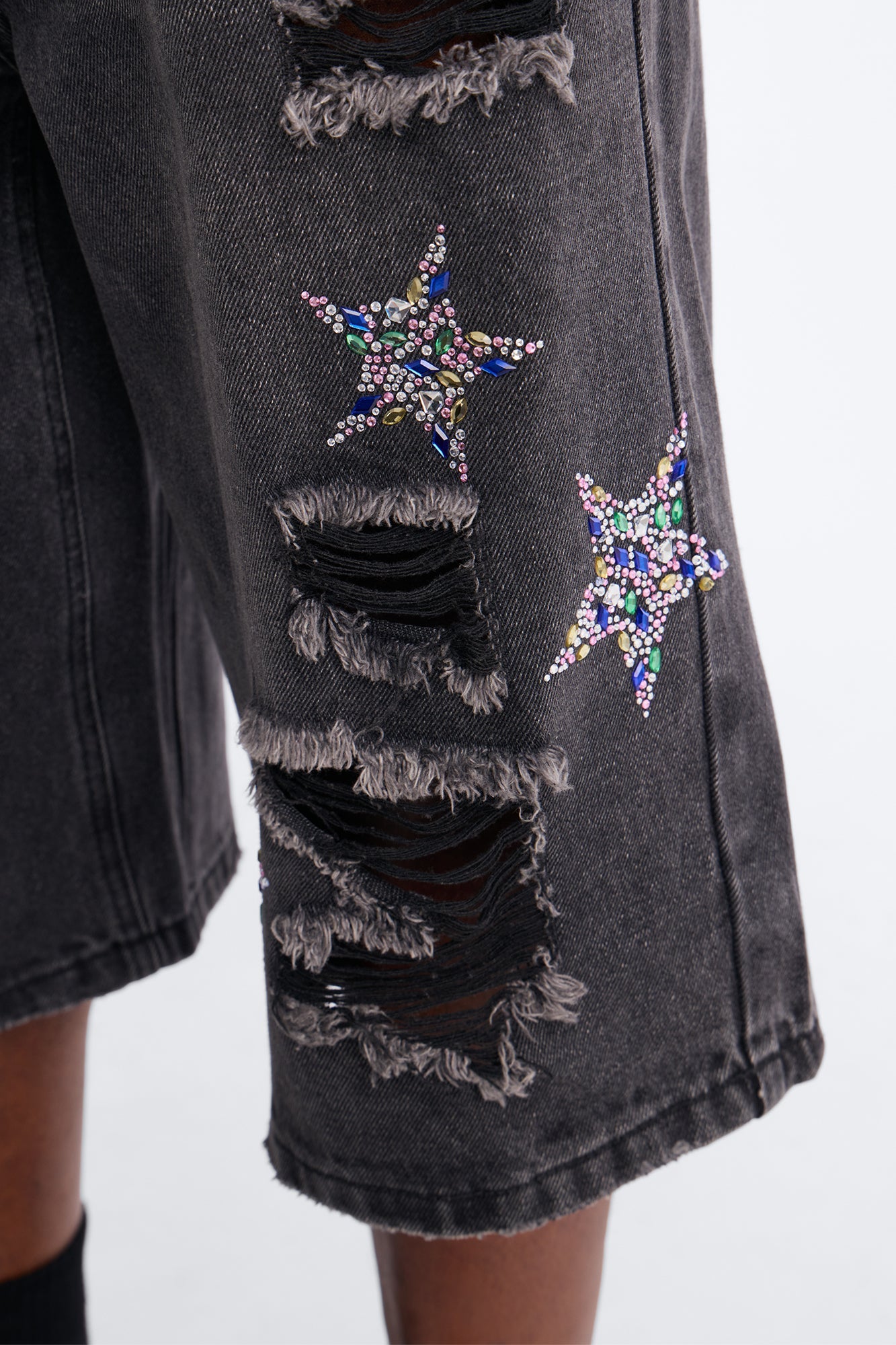 Cosmic Jeweled Baggy Denim Short - Black Wash