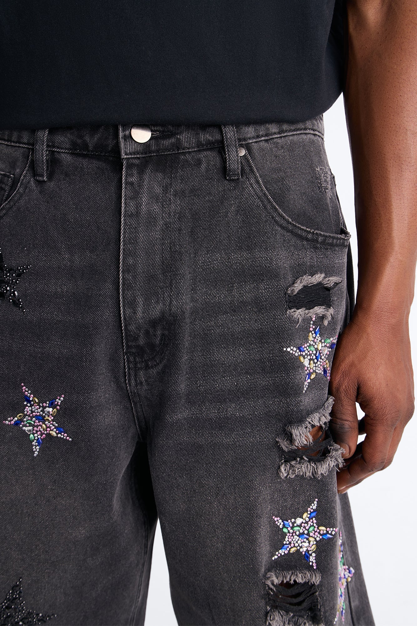 Cosmic Jeweled Baggy Denim Short - Black Wash