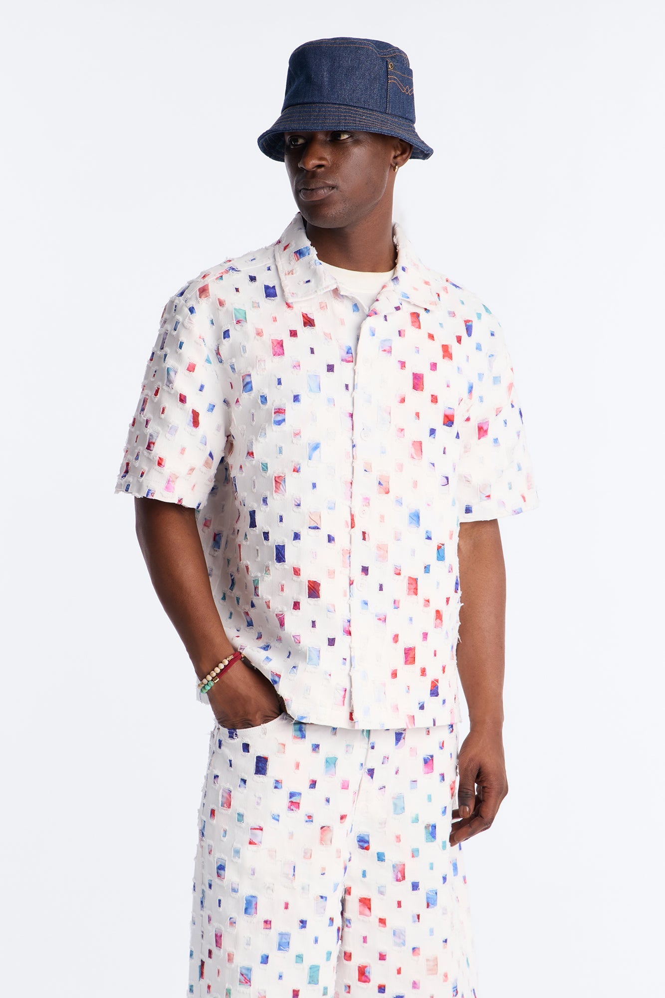 Cropped Watercolor Window Button Up Shirt - White
