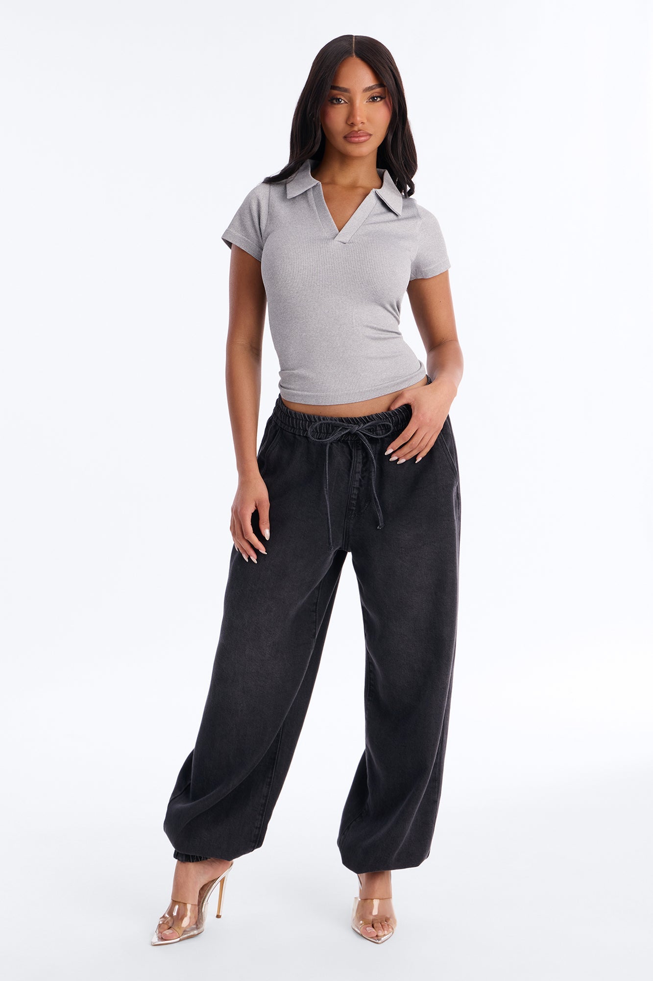 Evie Seamless Basic Polo Top - Heather Grey NEWFASHIONEDGE