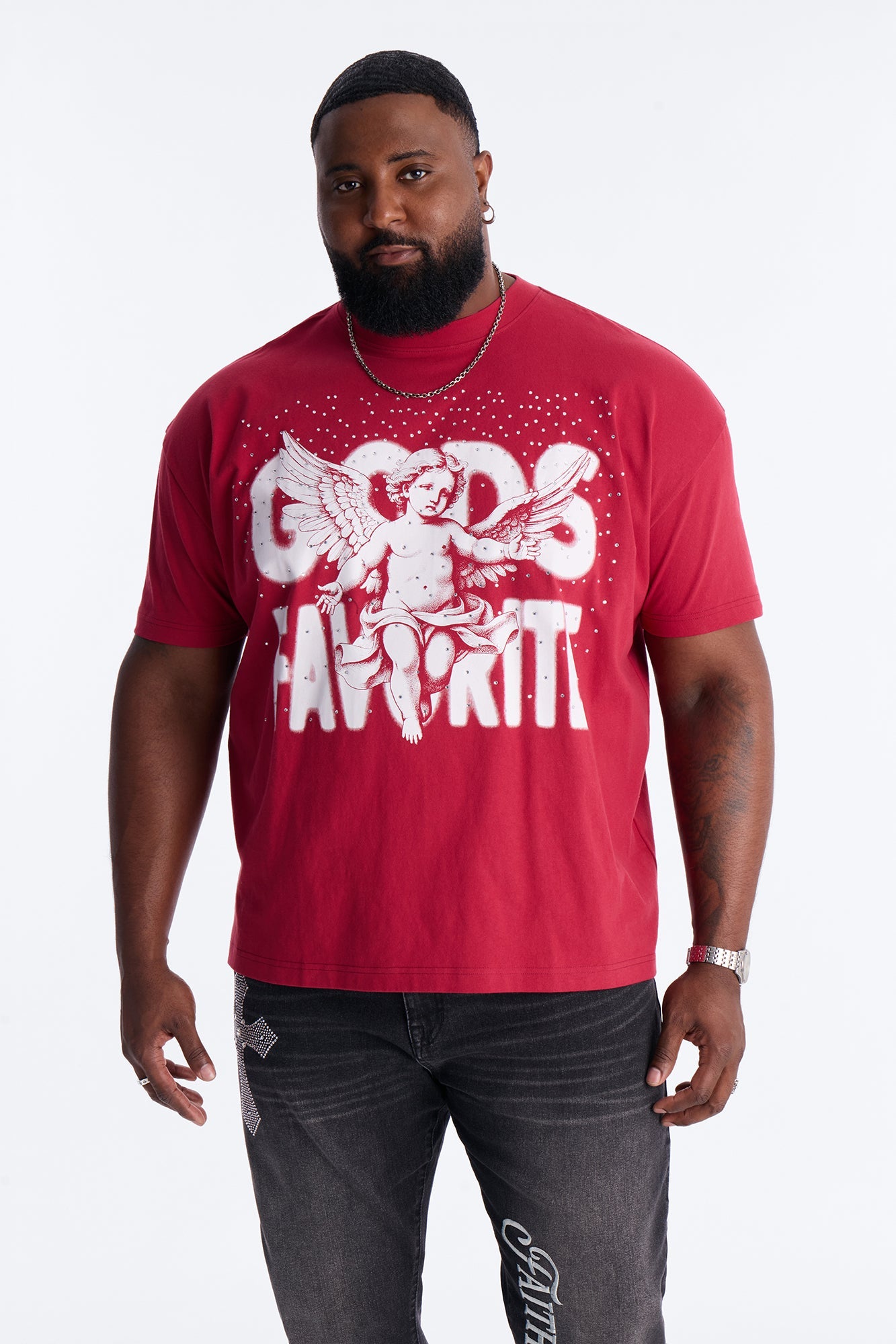 God's Favorite Rhinestones Short Sleeve Tee - Red