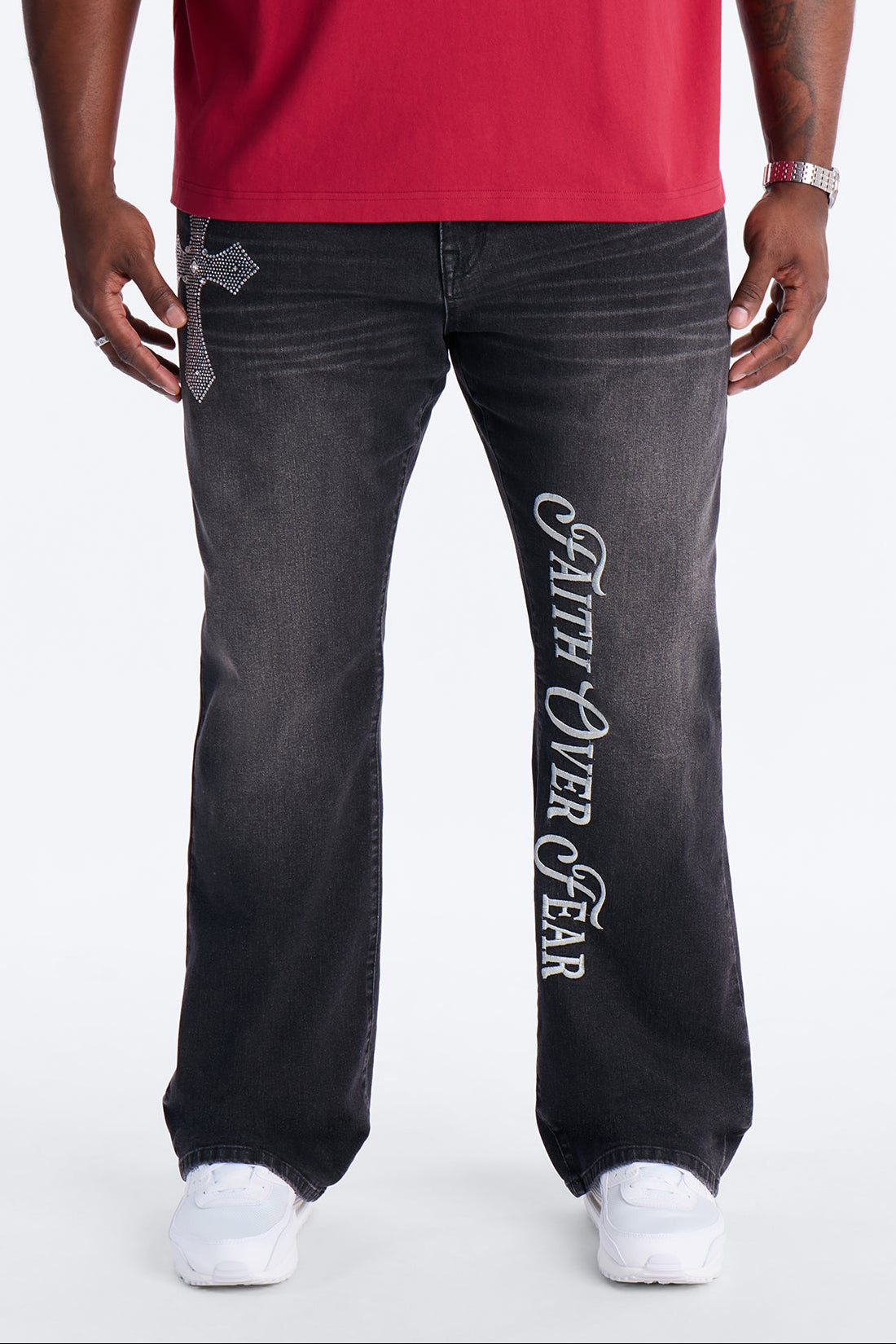 Stacked Slim Flare Faith Over Fear Drip Jean - Black Wash