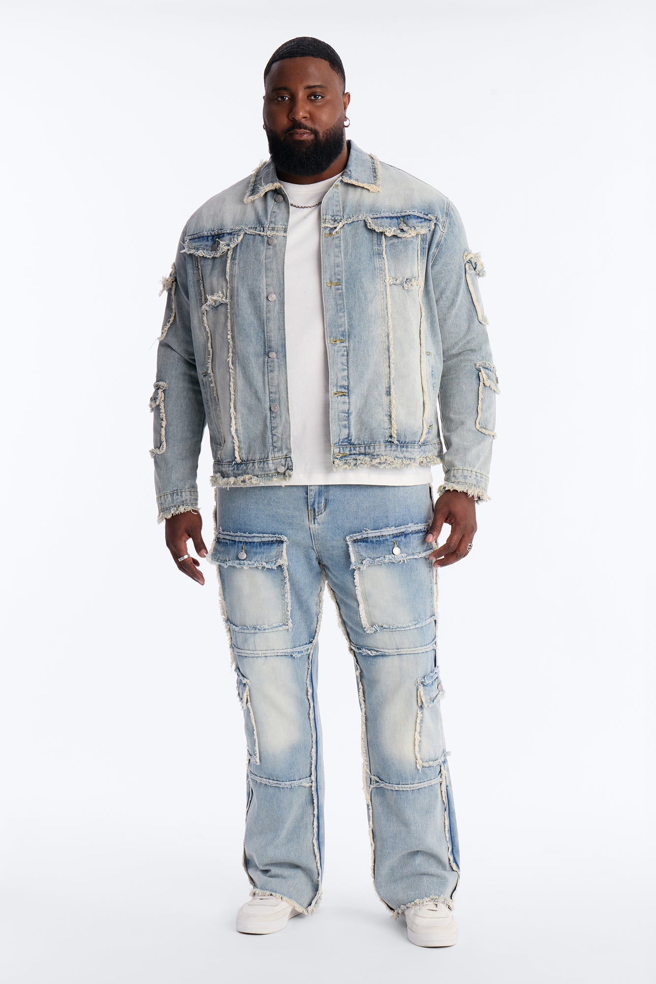 Tattered Cargo Denim Trucker Jacket - Light Wash