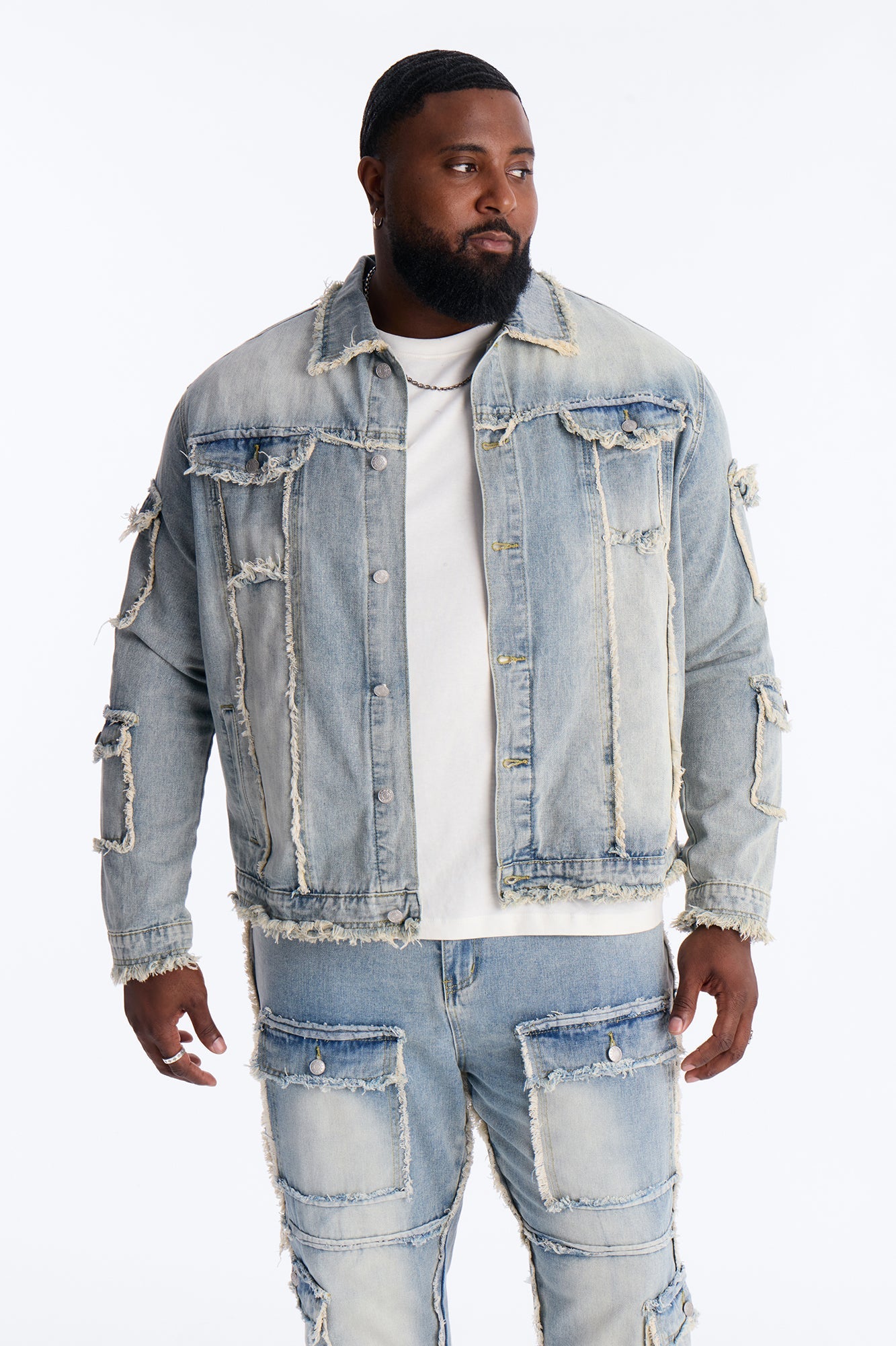 Tattered Cargo Denim Trucker Jacket - Light Wash