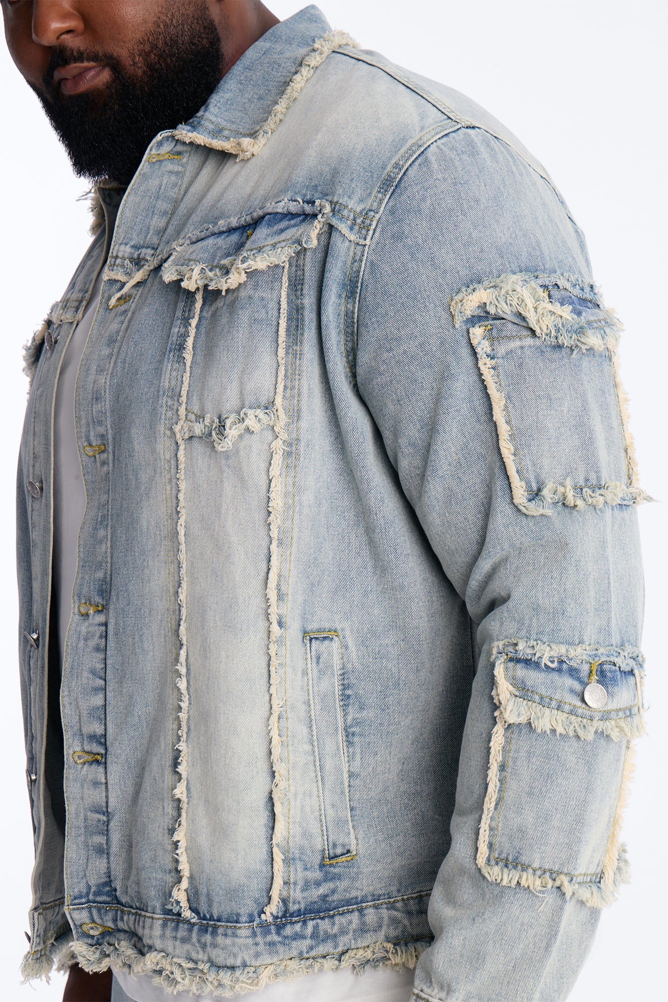 Tattered Cargo Denim Trucker Jacket - Light Wash