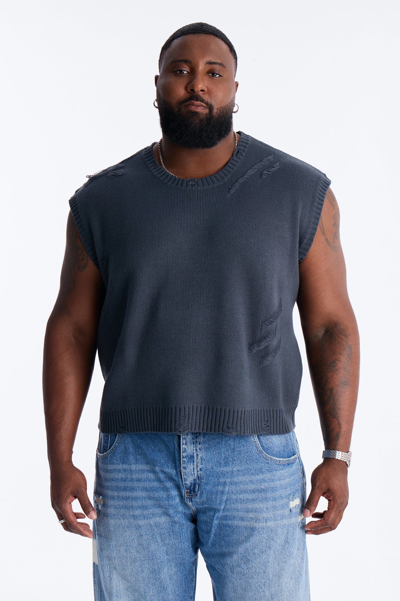 Shredline Desgastado Frayed Sweater Vest - Olive