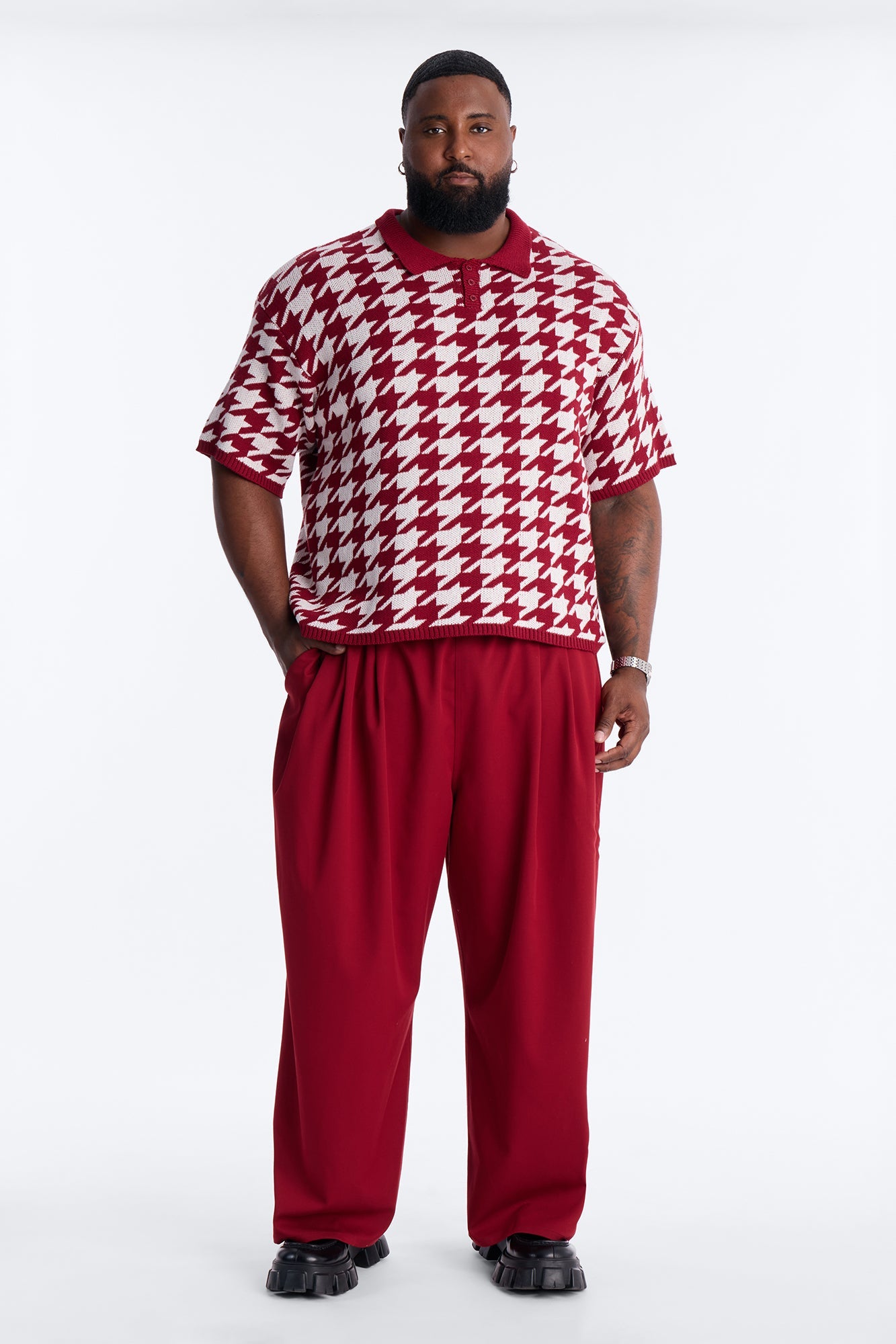 Houndstooth Short Sleeve Knitted Polo - Burgundy