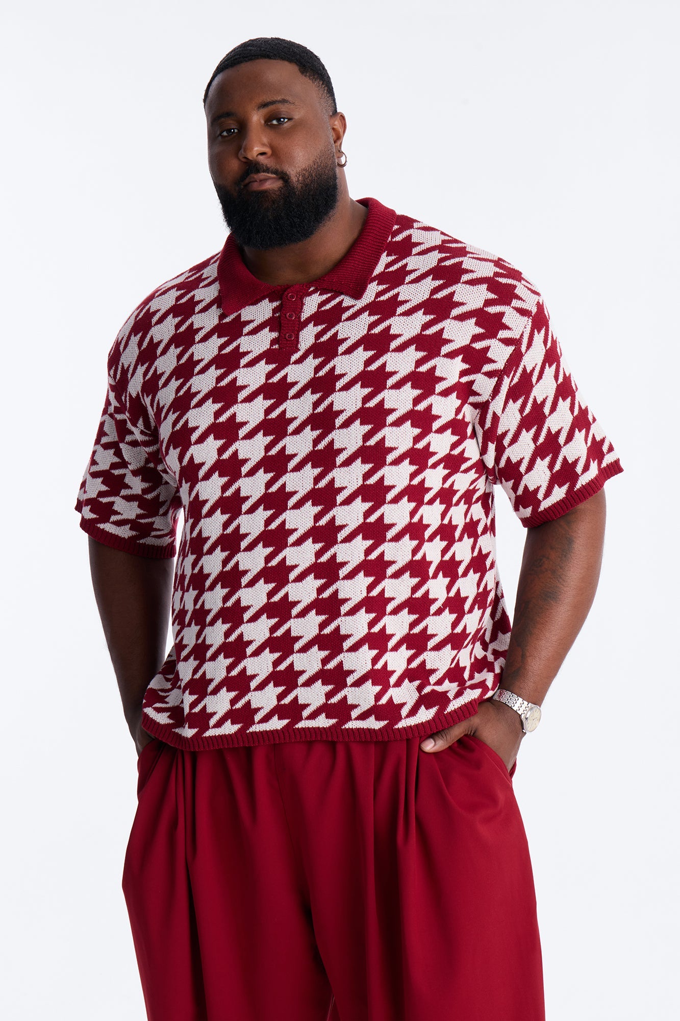 Houndstooth Short Sleeve Knitted Polo - Burgundy