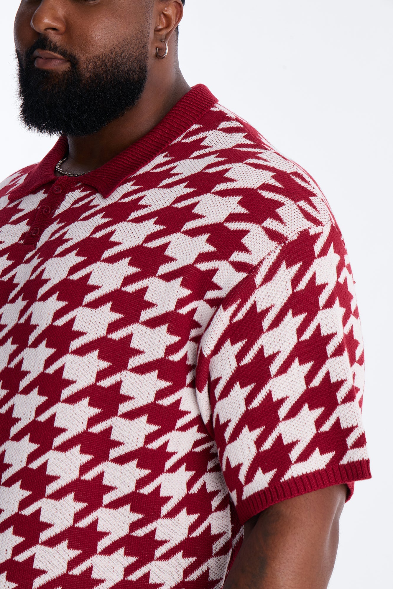 Houndstooth Short Sleeve Knitted Polo - Burgundy
