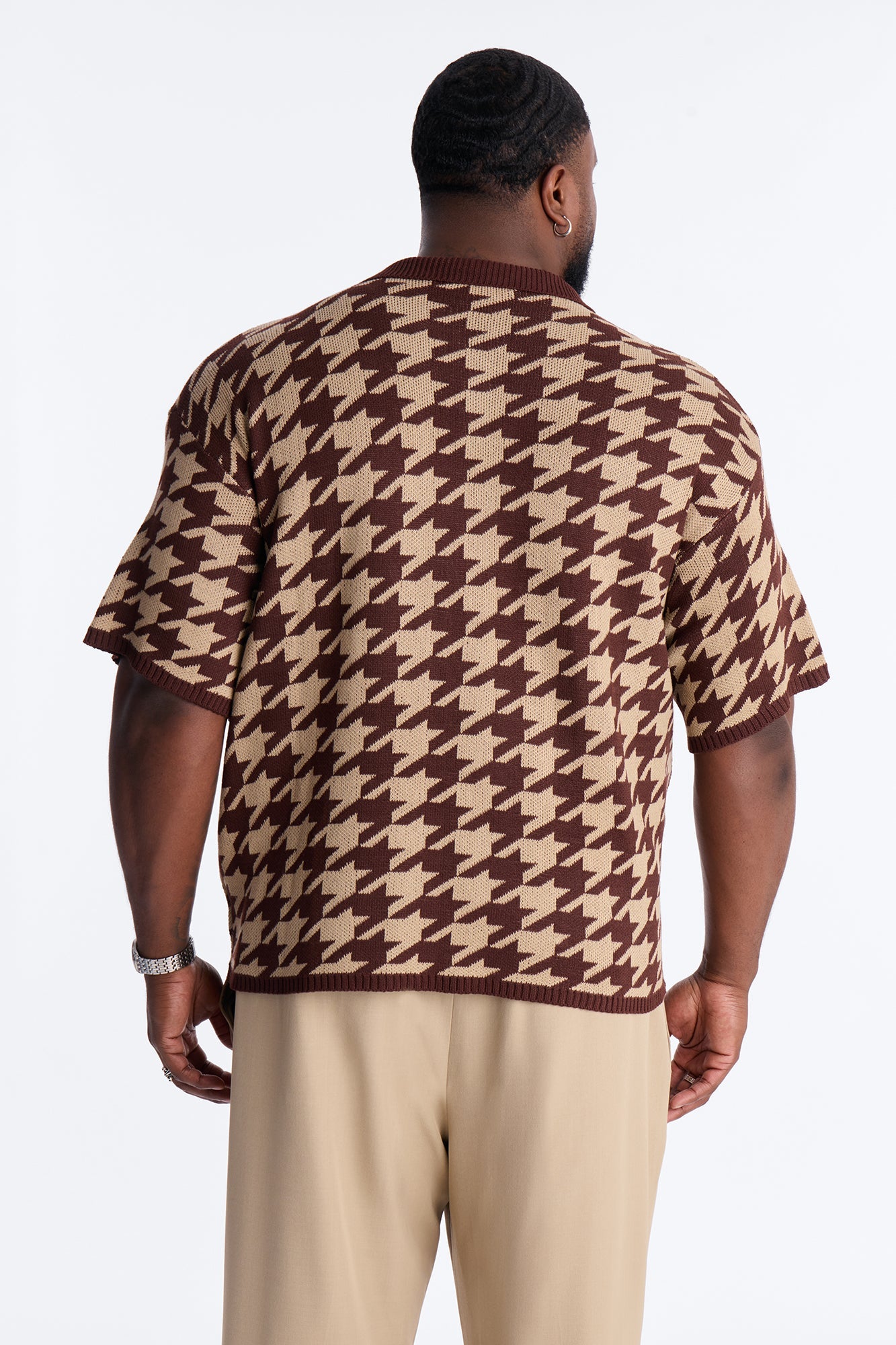Houndstooth Short Sleeve Knitted Polo - Brown