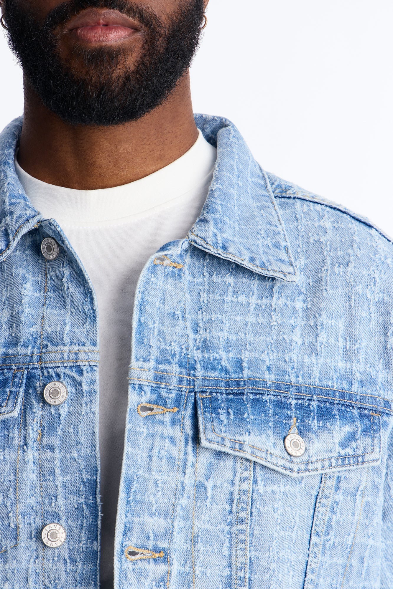 Cropped Windowpane Denim Trucker Jacket - Light Wash