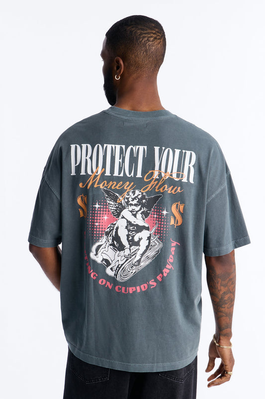 Protect Your Money Flow Oversized Short Sleeve Tee - Grey
