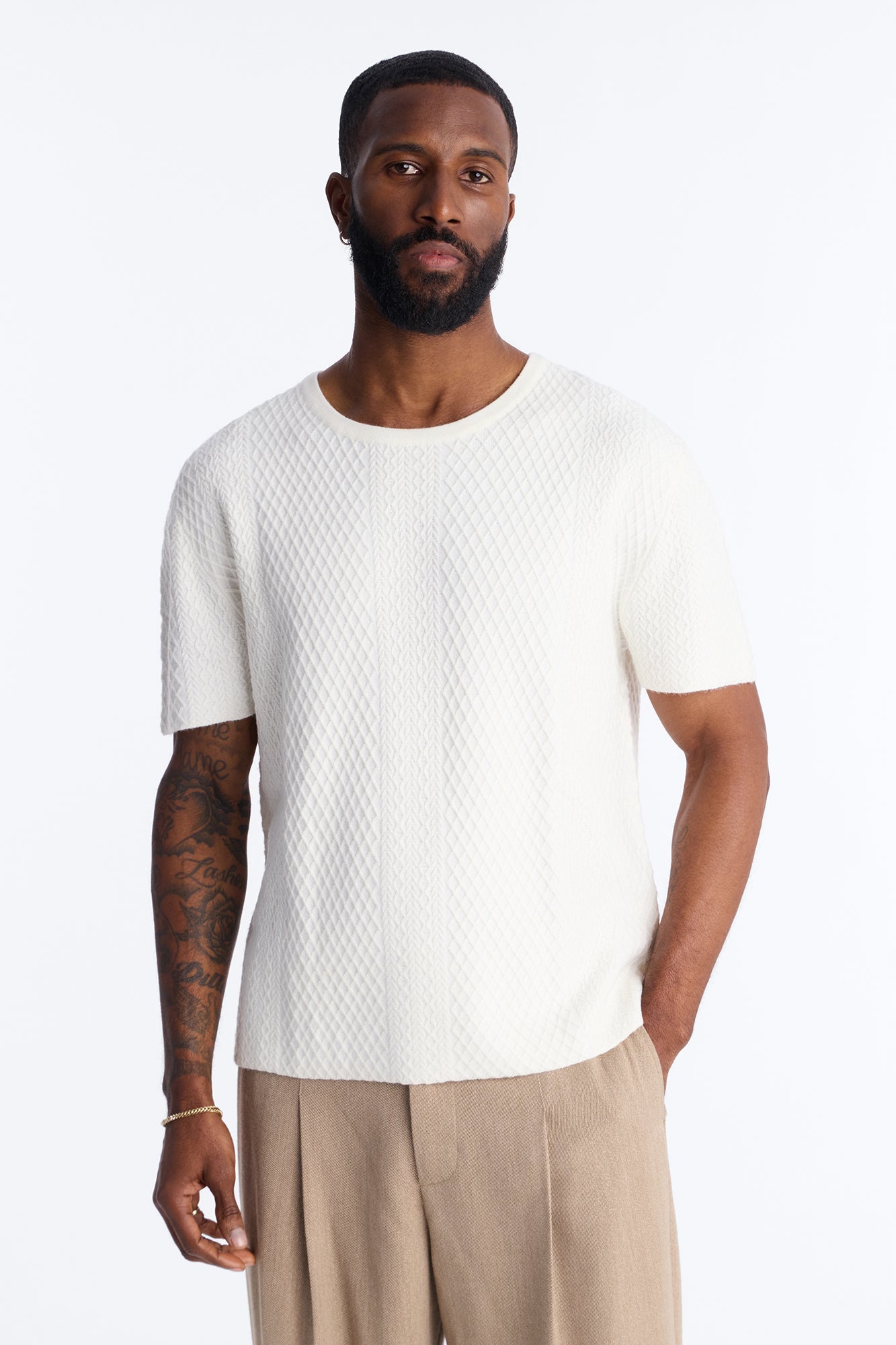 Relaxed Knitted Crewneck Tee - Cream