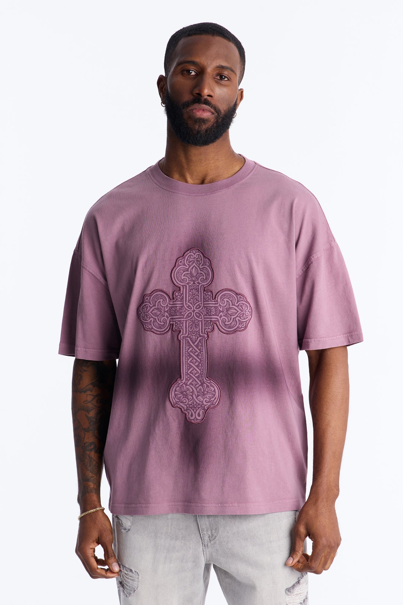 Cross Shadow Patch Short Sleeve Tee - Purple