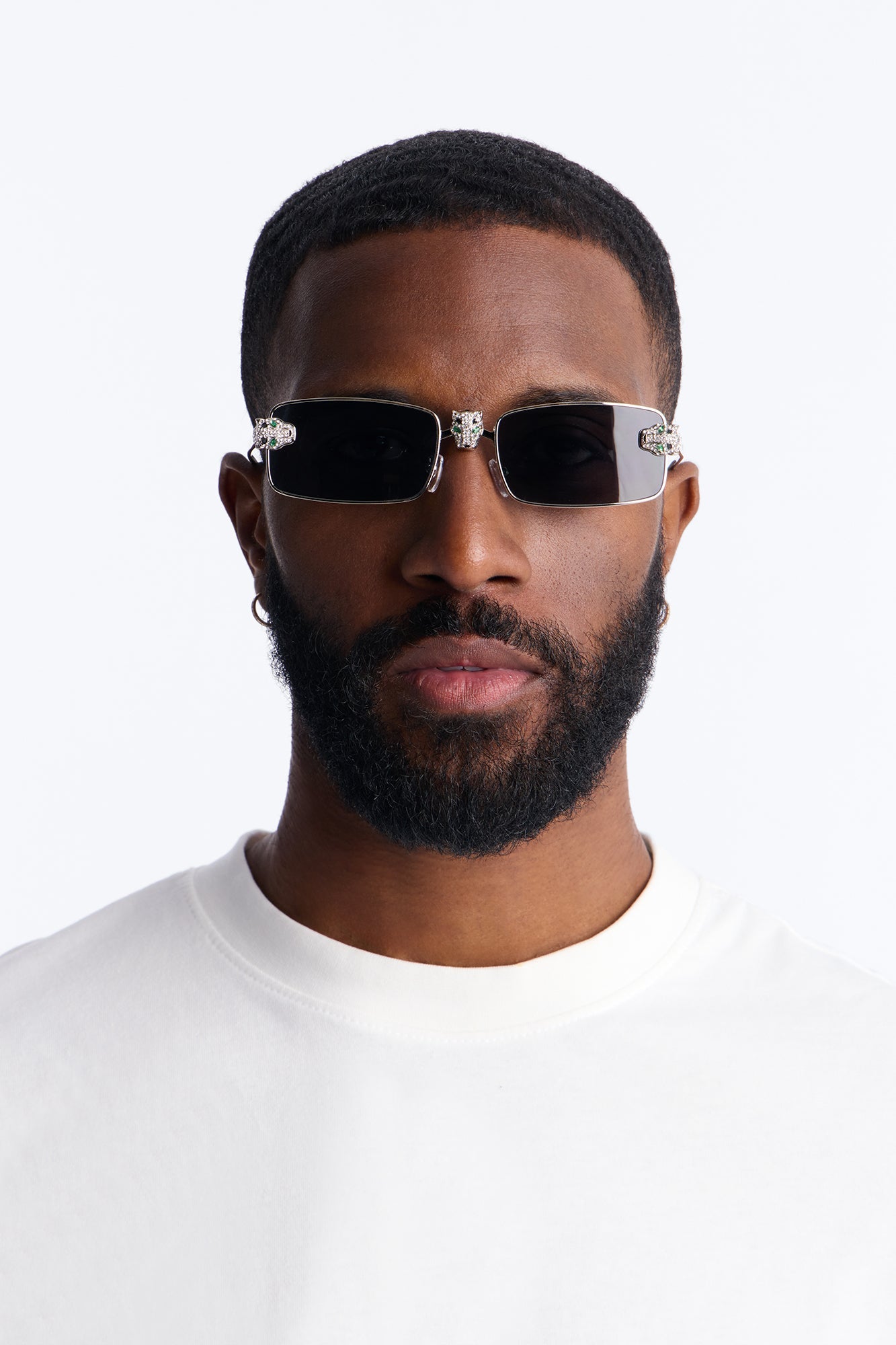 Iced Panther Rectangle Metal Sunglasses - Silver/Black