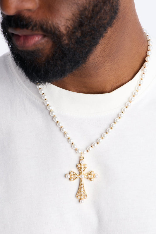 Roman Pearl Cross Pendant Necklace - Gold