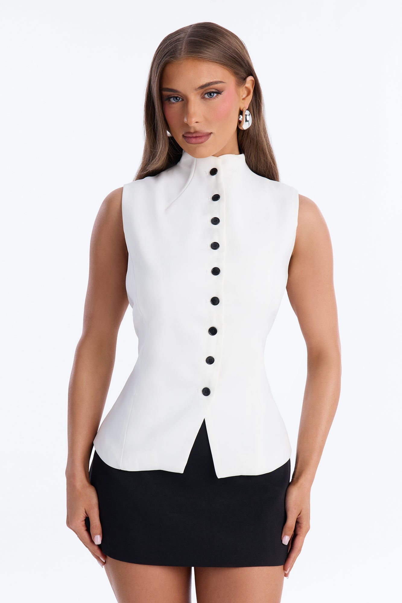 Lana Mock Neck Twill Top - White NEWFASHIONEDGE