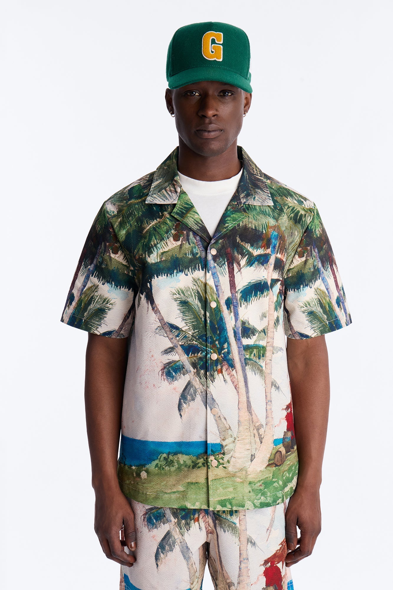 Tropical Get Away Printed Seersucker Cuban Collar Button Up Shirt - Multi Color