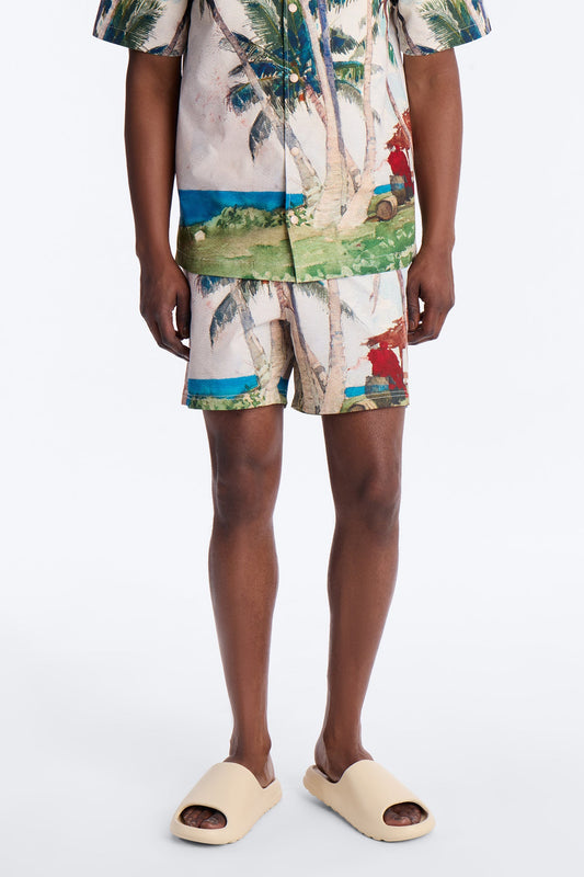 Tropical Get Away Printed Seersucker Swim Trunk 6″ - Multi Color